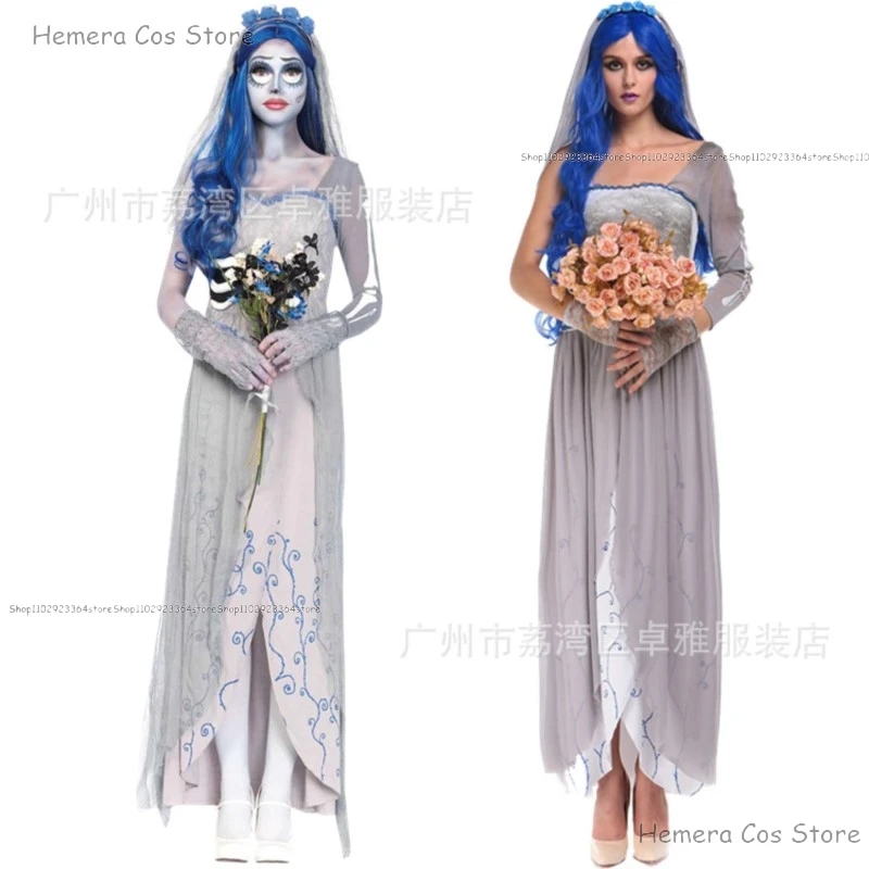 Corpse Masquerade Bride Emily Cosplay Costume Wig Zombie Ghost Dress up Halloween Party Women Scary Gothic Poor Wedding Dress