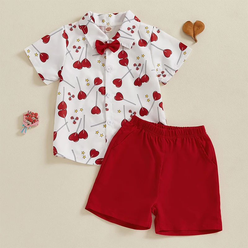 Adorable Toddler Summer Ensemble Sweetheart Print Short Sleeve Button Up Shirt paired with Vibrant Solid Shorts