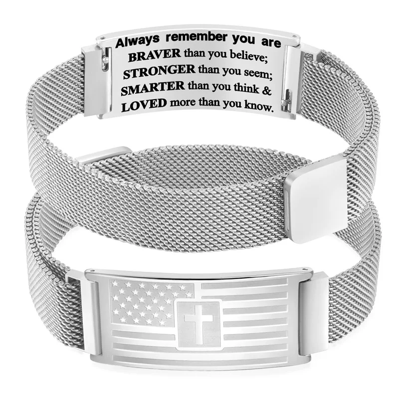 

Personalized Name/Text Bracelet for Men Custom American Flag/Flag Cross Bracelet for Boys Stainless Steel Engraved Bracelets