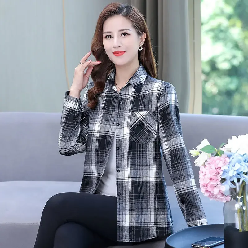 Office Lady Work Commute Top Lattice Print Blouses Casual Shirts Tops Women\'s New Spring Autumn Lapel Chic Cardigan Shirt Female