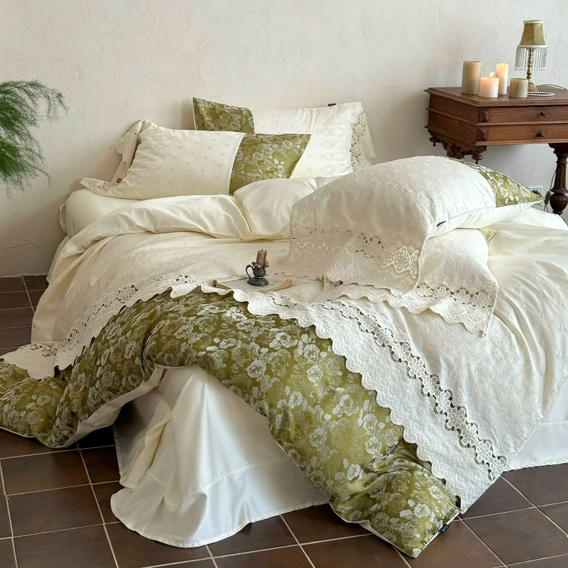 Bedroom Retro  Cotton Satin Long Staple Cotton Four Piece Princess Style Embroidered Pure Cotton Duvet Cover Bedding
