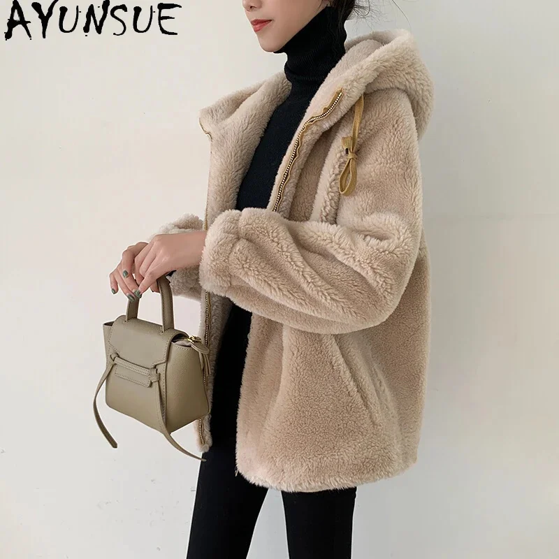 

100% AYUNSUE Granular Wool Coats for Women 2024 Autumn Winter Hooded Sheep Shearing Jacket Loose Outerwears Chaquetas Para Mujer