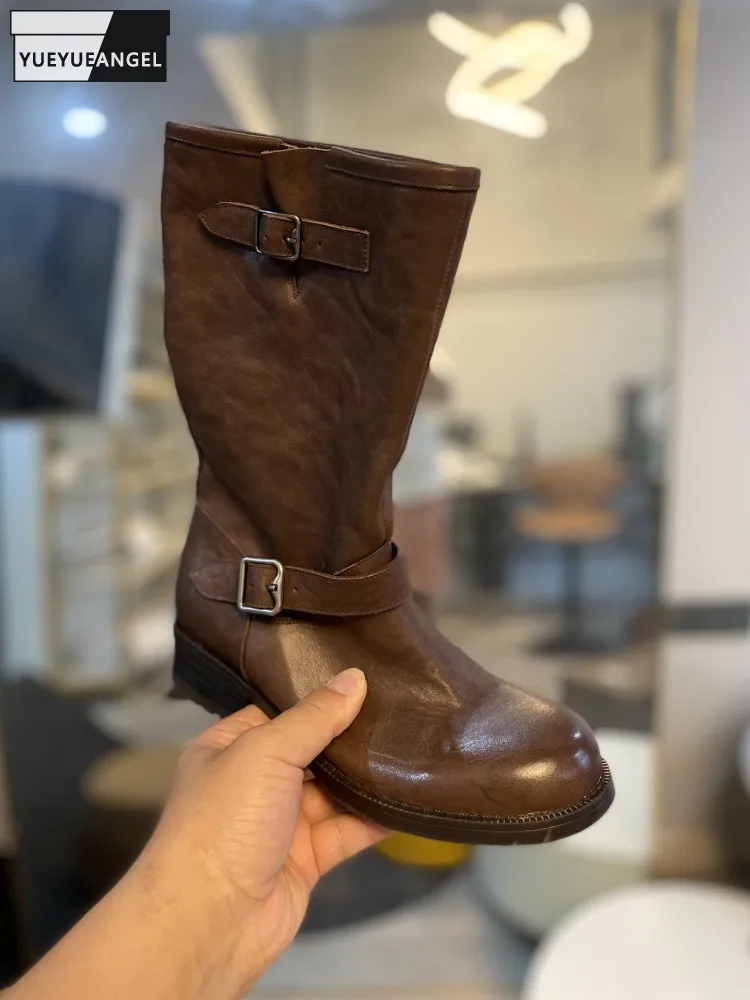 New Women Design Handmade Cowhide Genuine Leather Mid Calf Boots Buckle Slip On High Street Casual Motorcycle Biker Riding Boots