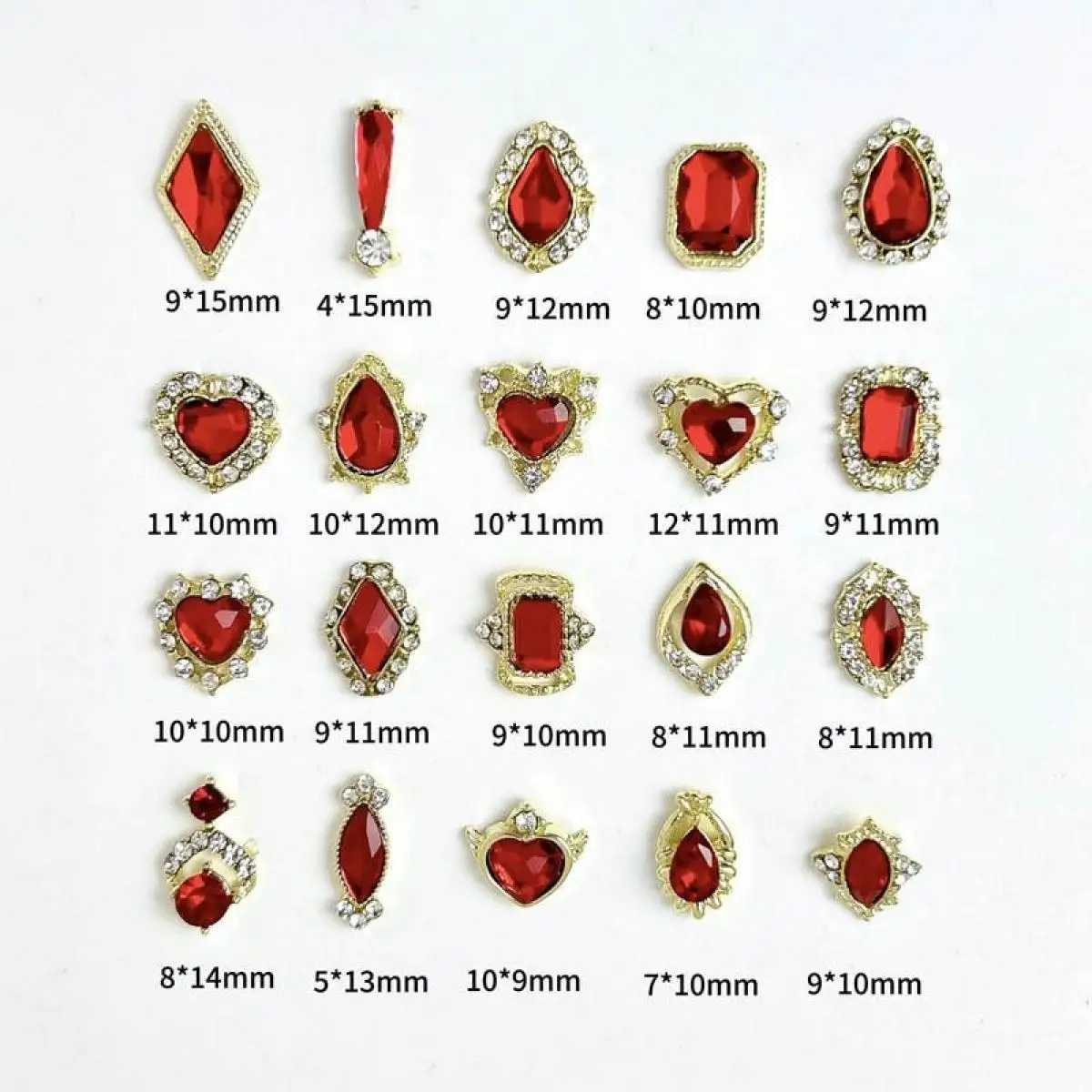 

20PCS Light Luxury 3D Alloy Inlaid Red Rhinestone Series Nail Charms Shining Irregular Rhinestone Nail Art Decoration Accessory