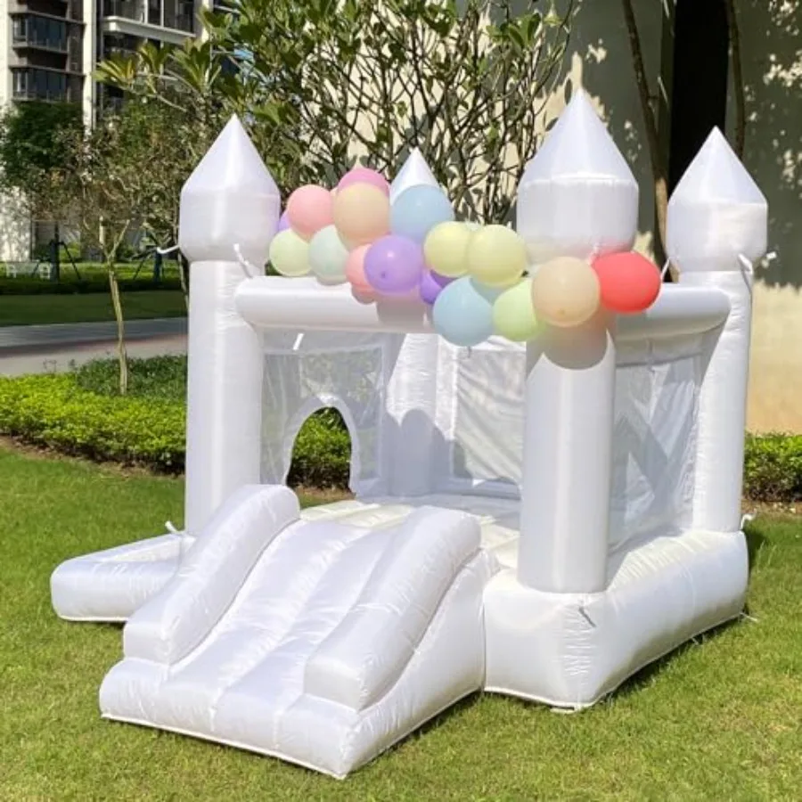 บ้านลมงานแต่งงานสีขาวพร้อมเครื่องเป่าลม บ้านเด้งดึ๋งพร้อมสไลเดอร์สำหรับงานปาร์ตี้ งานแต่งงาน ครอบครัว รูปทรงปราสาท ขนาด 9 ฟุต (ยาว) × 9 ฟุต (กว้าง) × 7 ฟุต (สูง)
