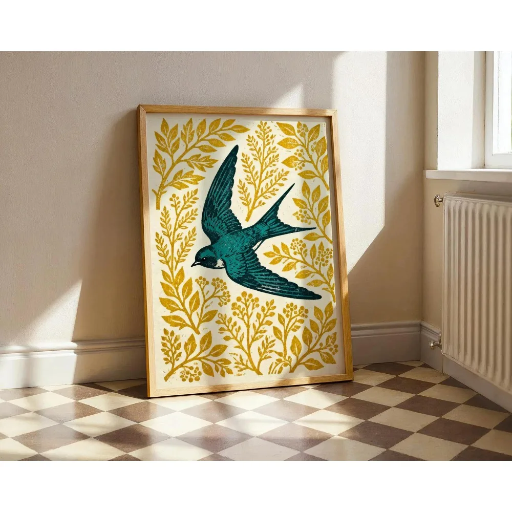 Frameless,Swallow Bird Printing,Folk Art Plant Poster,Blue-green Gold Flower Wall Art,Bohemian Style,Living Room Bedroom Decor