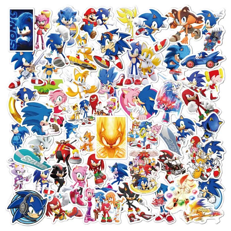 Desenhos animados Sonic adesivos para garrafa de água, Hedgehog Anime Brinquedos, Desenhos animados Graffiti Etiqueta, Laptop, Bagagem, Novo, 50pcs