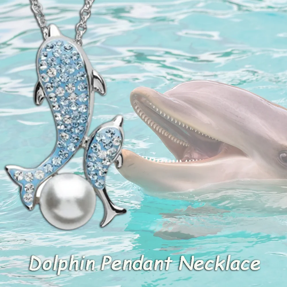 Beautiful and stylish diamond-encrusted dolphin imitation pearl pendant necklace, perfect Christmas gift for girls and women