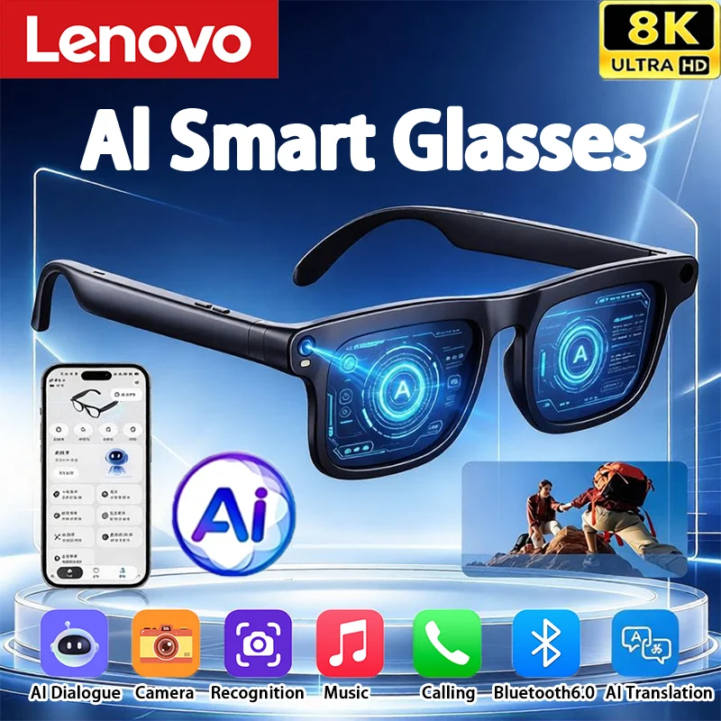 Lenovo Smart Glasses 8K 8MP HD Camera 150 Language Translation ChatGPT WIFI Video Recording Bluetooth CallAudio Glasses 2027New