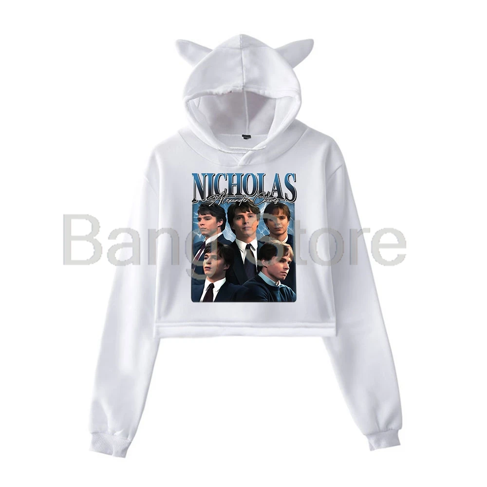 Nicholas Chavez Vintage Cat Ear Hoodie Women Long Sleeve Sweatshirts Casual Streetwear Crop Tops