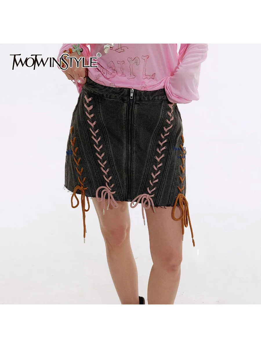 

TWOTWINSTYLE Hit Color Spliced Lace Up Fashion Cowboy Skirts for Women High Waist Patchwork Zipper Vintage Skirt Female Clothing