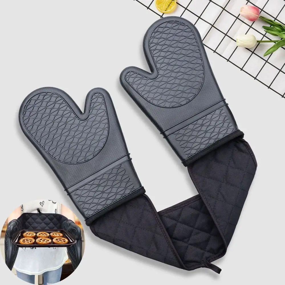 

Waterproof Silicone Oven Mitts Insulated Non-Slip Kitchen Microwave Mittens with Hanging Rope Soft Cotton Lining