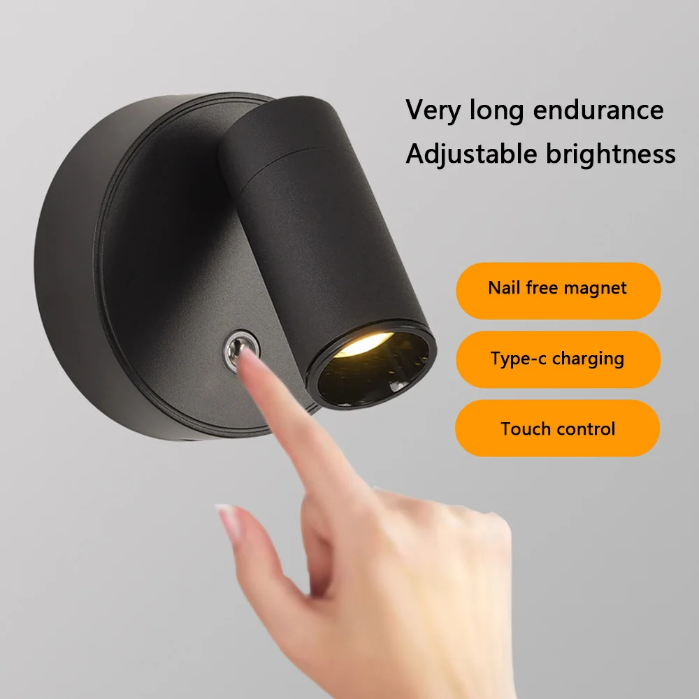 led rechargeable wall light wireless no punch magnetic suction spotlight bedroom bedside reading light wall wash light