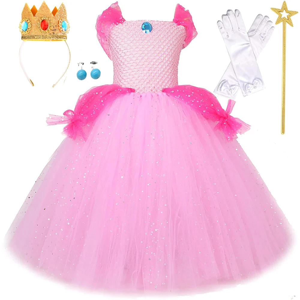 Sparkly Super Peach Princess Costumes for Girls Twinkle Pink Full Length Lined Dresess Kids Christmas Carnival Long Tutus Outfit