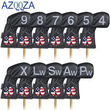9/11Pcs Soft PU Leather Golf Irons Headcover Lucky Clover Golf Club Iron Head Covers with Number Printed 4-9,Aw,Sw,Pw,Lw,X