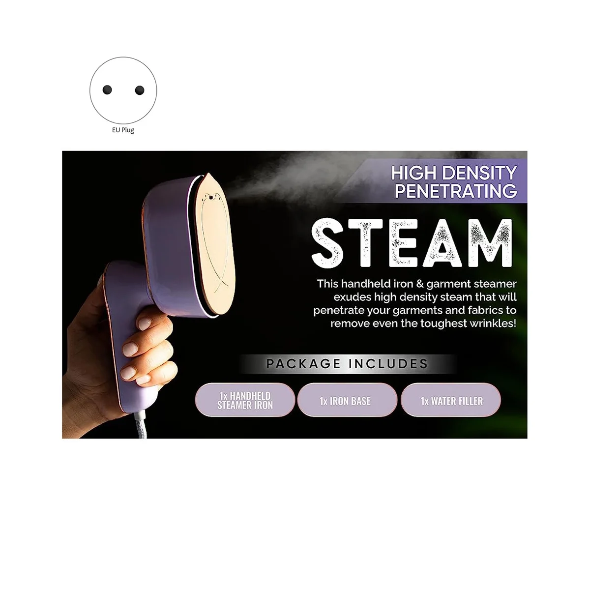 Ferro portátil e vaporizador para roupas, vaporizador de viagem portátil, vaporizador de vestuário, removedor de rugas, plugue UE, 2 em 1, 1pc