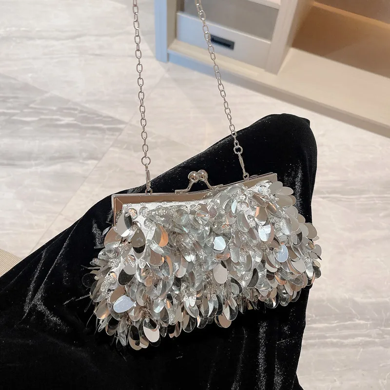 

2023 New In Luxury Designer Clutch Bag Mini Bucket Shiny Handbags And Purses for Women Sequin Crossbody Bags with Round Handle