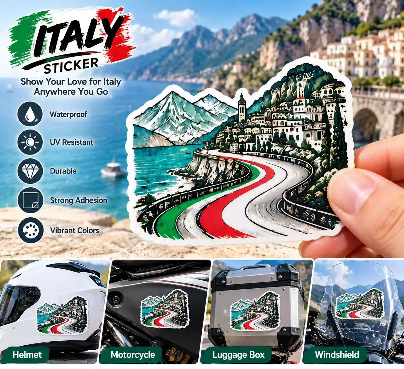 Italy Scenic Coastal Road Sticker Italian Flag Mountain Landscape Decal for Motorcycle Helmet Car Bike Scooter Windshield