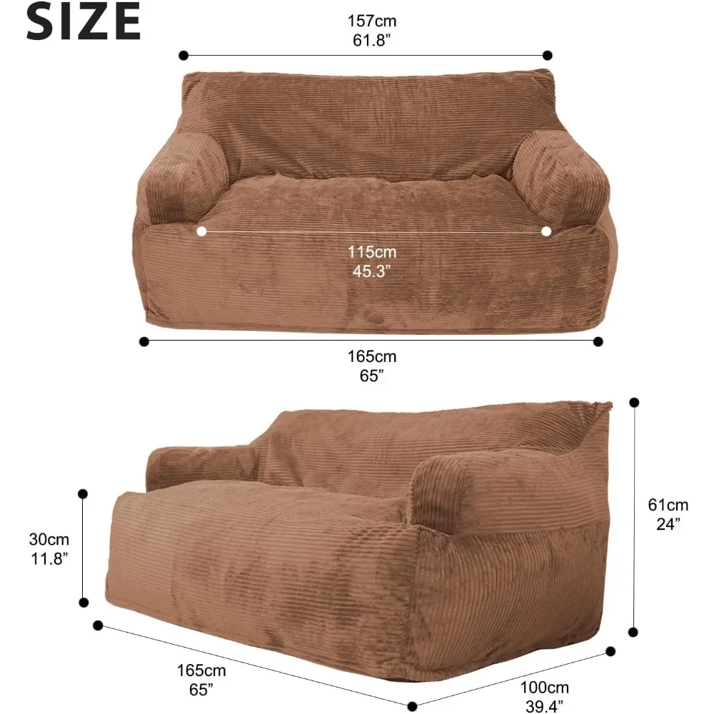 Giant Twin Size Bean Bag Sofa| Foam Filling Floor Sofa| Includes Removable and Machine Washable Cover| Brown