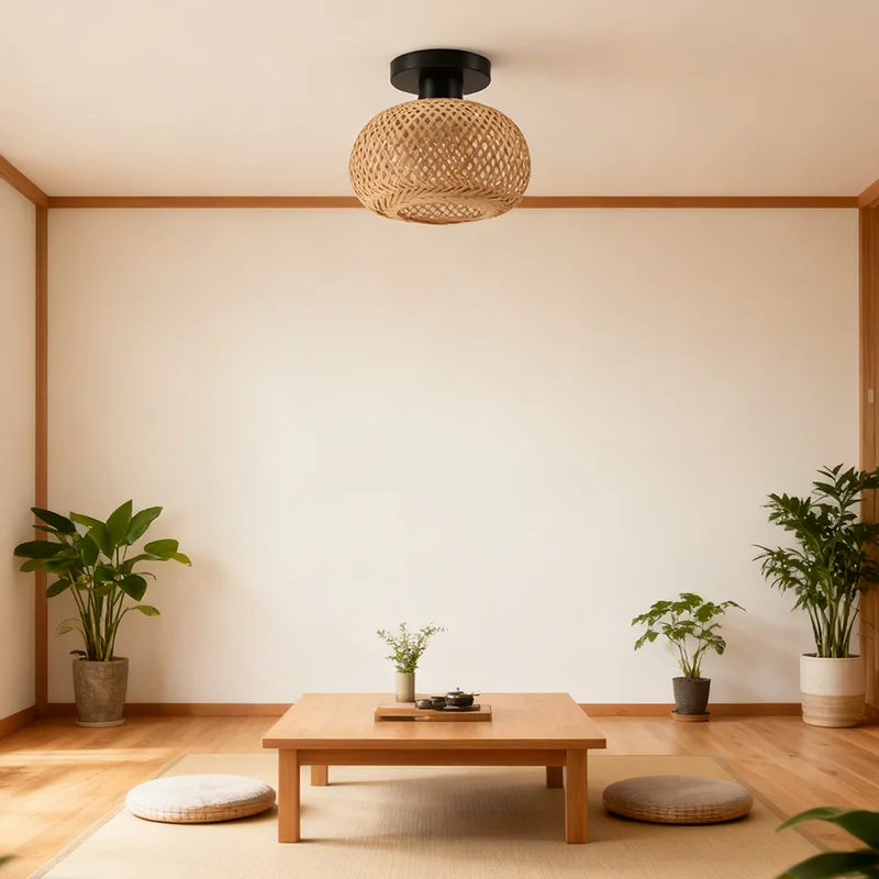 

Hand Woven Bamboo Wood Ceiling Lamp Vintage Rattan Flush Mount Light for Wabi Sabi Bedroom Tea Room Pastoral Style