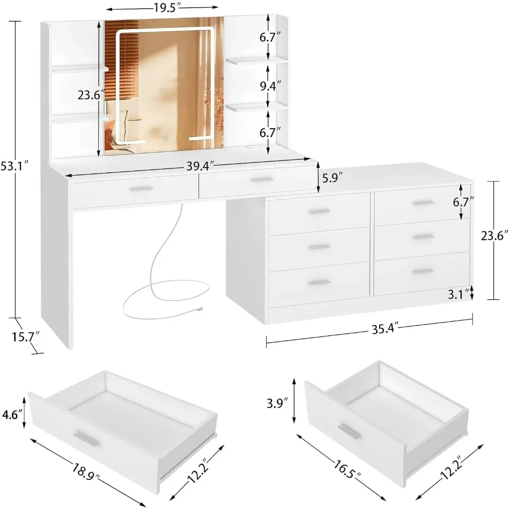 Vanity Makeup Desk, Dressing Table with LED Light Mirror & Power Outlet, 8 Drawers, 3 Color Modes & Adjustable Brightness