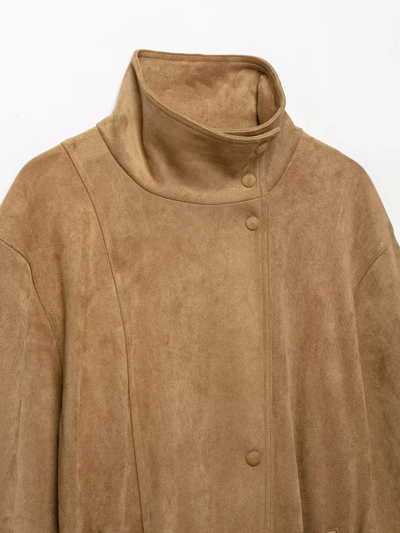 Damen Retro Herbst-Urlaubs-Kurzmantel mit Stehkragen, asymmetrischem Knopfleisten-Design, langen Ärmeln, lässiger Herbst-Mantel, einfarbig, locker geschnitten – Detail 6