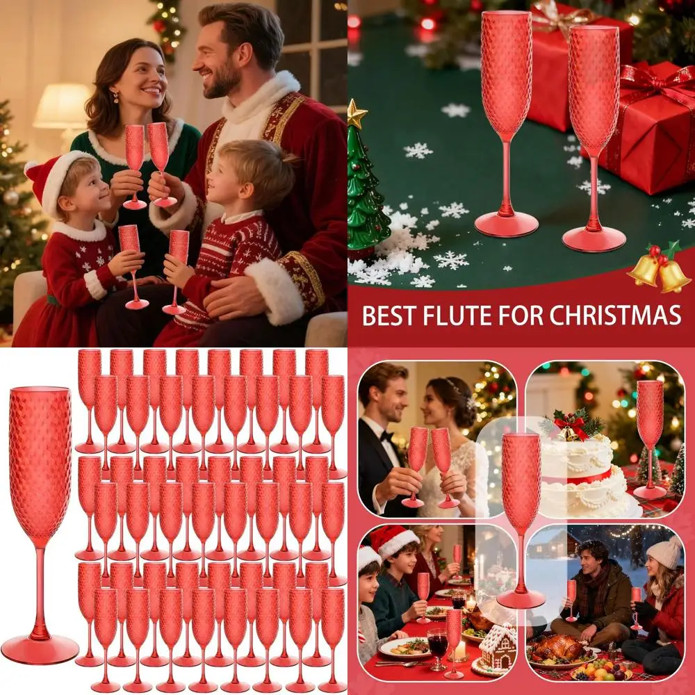 

Set of 48 Red Resilient 7oz Plastic Champagne Glasses, Ideal for Weddings, Christmas, and Parties