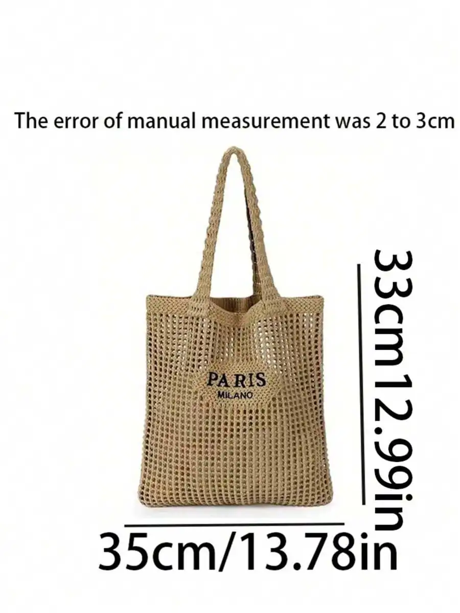 

Hollow Knit Tote Bag With Embroidered Letters, Lightweight Beach And Travel Shoulder Bag