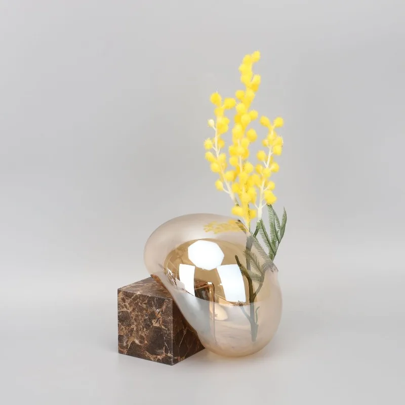 1Pcs Transparent Brown Glass Vase Creative Marble Base Flowerpot Desktop Decoration Flower Vase Home Decoration