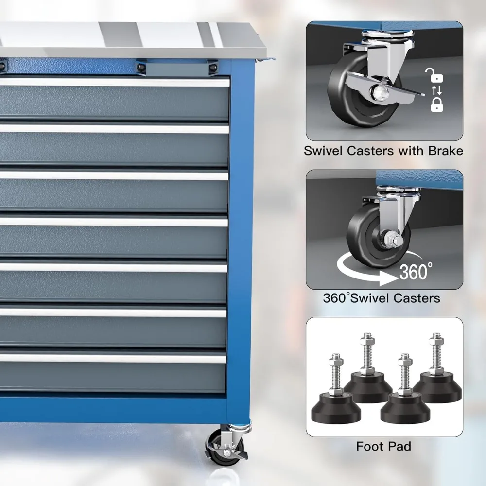 Portable 7-Drawer Steel Tool Storage Cabinet with Lockable System and Swivel Wheels
