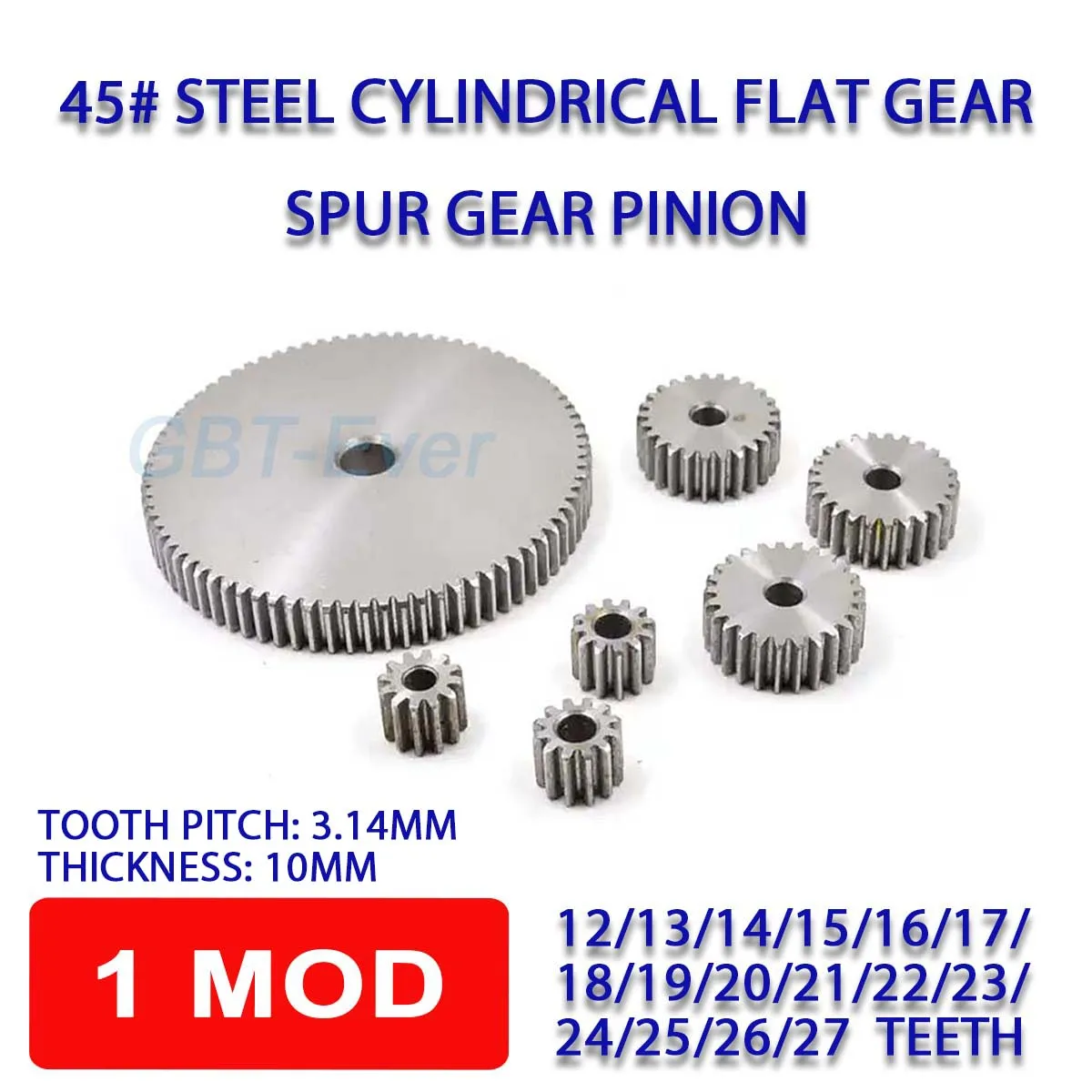 1Pcs 1M 12T-27T Pinion Spur Gear 1 Mod Cylindrical Flat Gear 12/13/14/15/16/17/18/19/20/21/22/23/24/25/26/27 Teeth 45# Steel