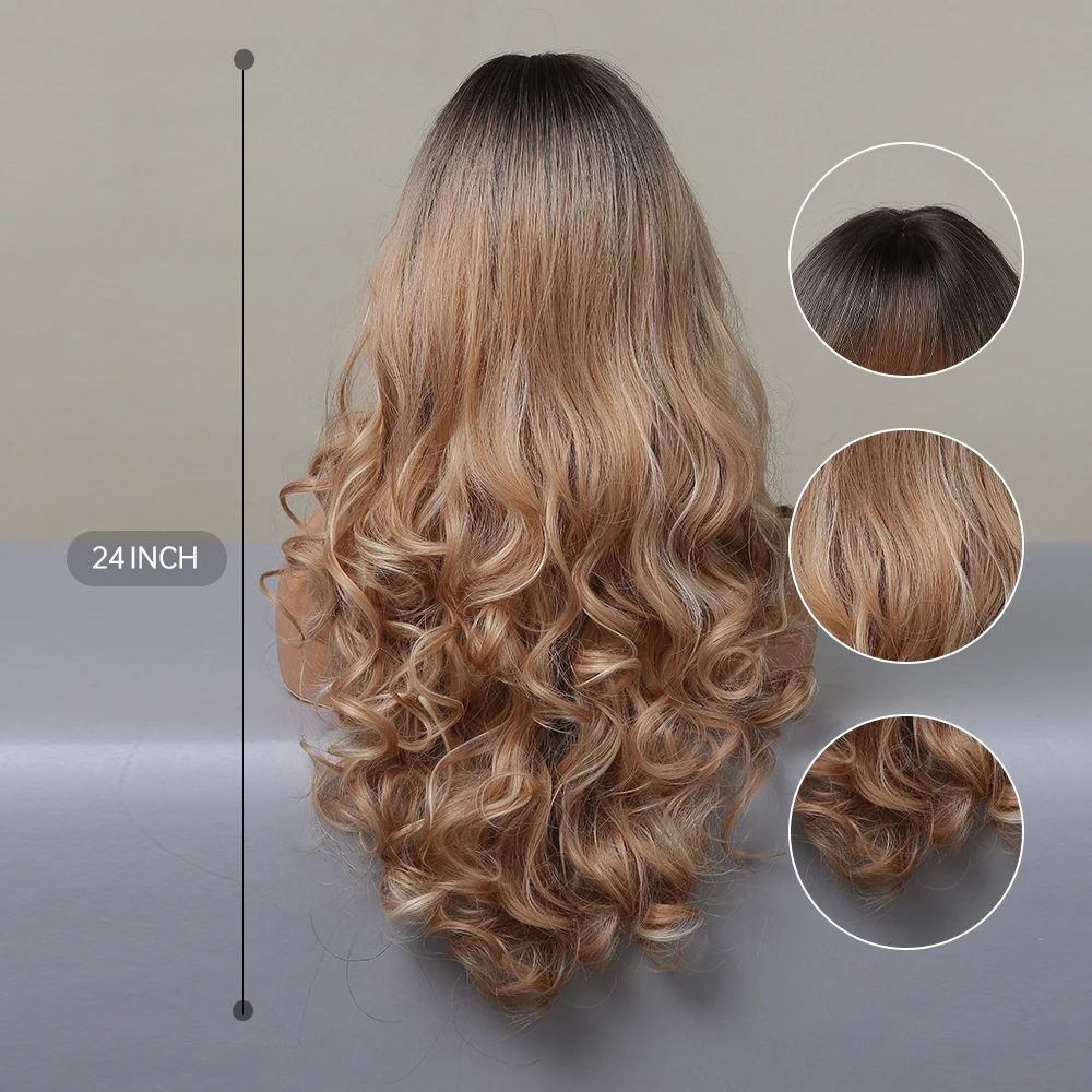 HENRY MARGU Ombre Brown Blonde Highlight Synthetic Hair Wigs with Bang Long Loose Wave Cosplay Wig Heat Resistant Fake for Women