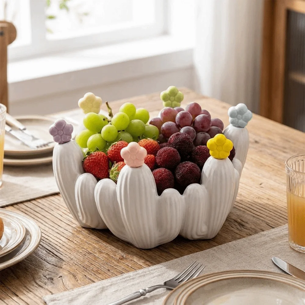 Creative Design Cactus Fruit Bowl Stainless Steel Forks Nordic Style Fruit Basin Fork Set Easy To Clean Multi-purpose