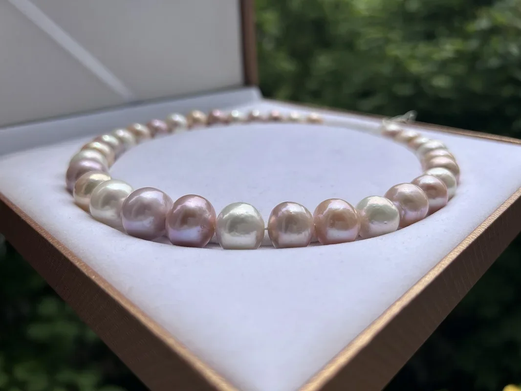 

New Sea Baroque Nearly Round 17“13-16mm Pearl Necklace for Women Fine Natural White Champagne 925 Sterling Silver Jewelry Gifts