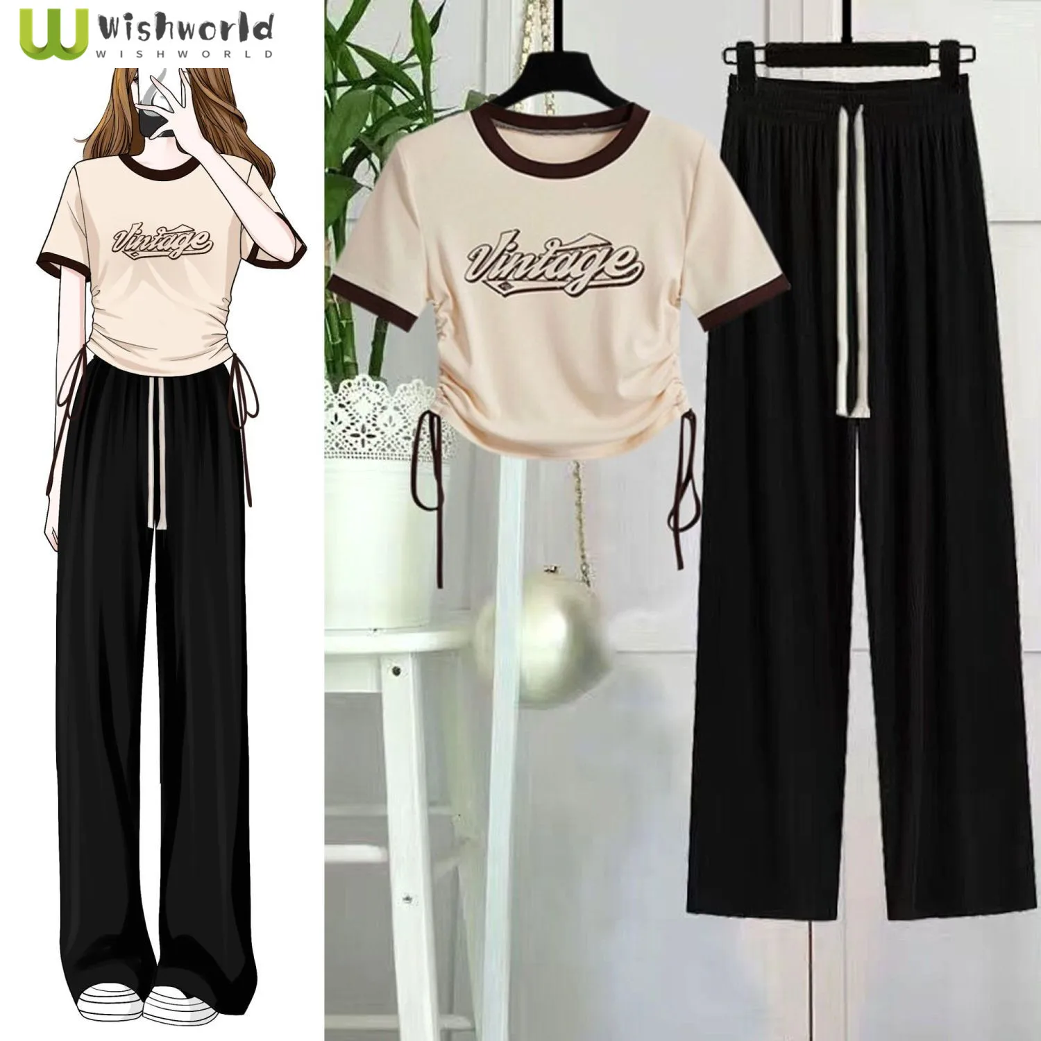 

Cartoon Letter Printing Drawcord Pleated Short Sleeve T-shirt Casual Wide Leg Pants Two-piece Elegant Women's Pants Set Outfits