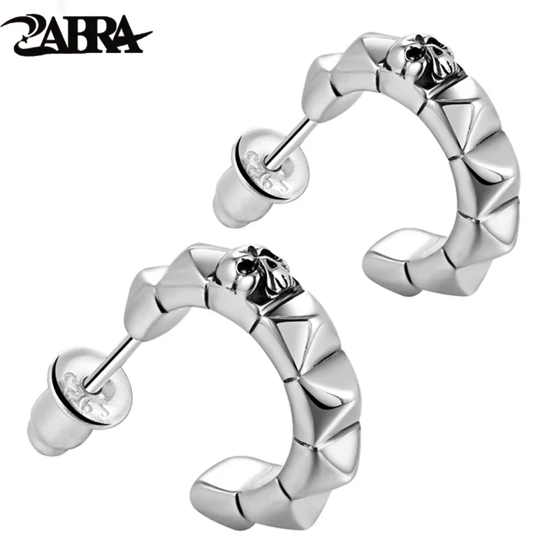 ZABRA Real 925 Silver Punk Skull Stud Men Earrings Vintage Earring For Man Skeleton Biker Male Sterling Silver Jewelry