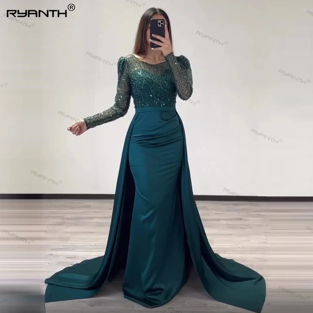 Ryrnth Peacock Mermaid Celebrity Dress Sequined Evening Prom Dresses Detachable Train O-Neck Full Sleeve Formal Occasion Dress