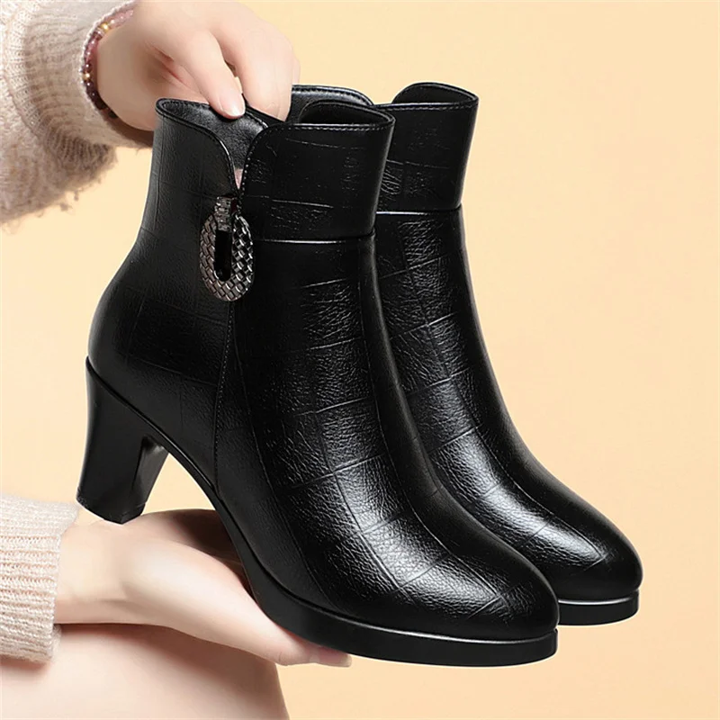 

Chunky Heel Platform Women Cotton Shoes Soft Leather Winter Warm Thick Plush Anti-slip Simple Fashion High Heel Snow Boots