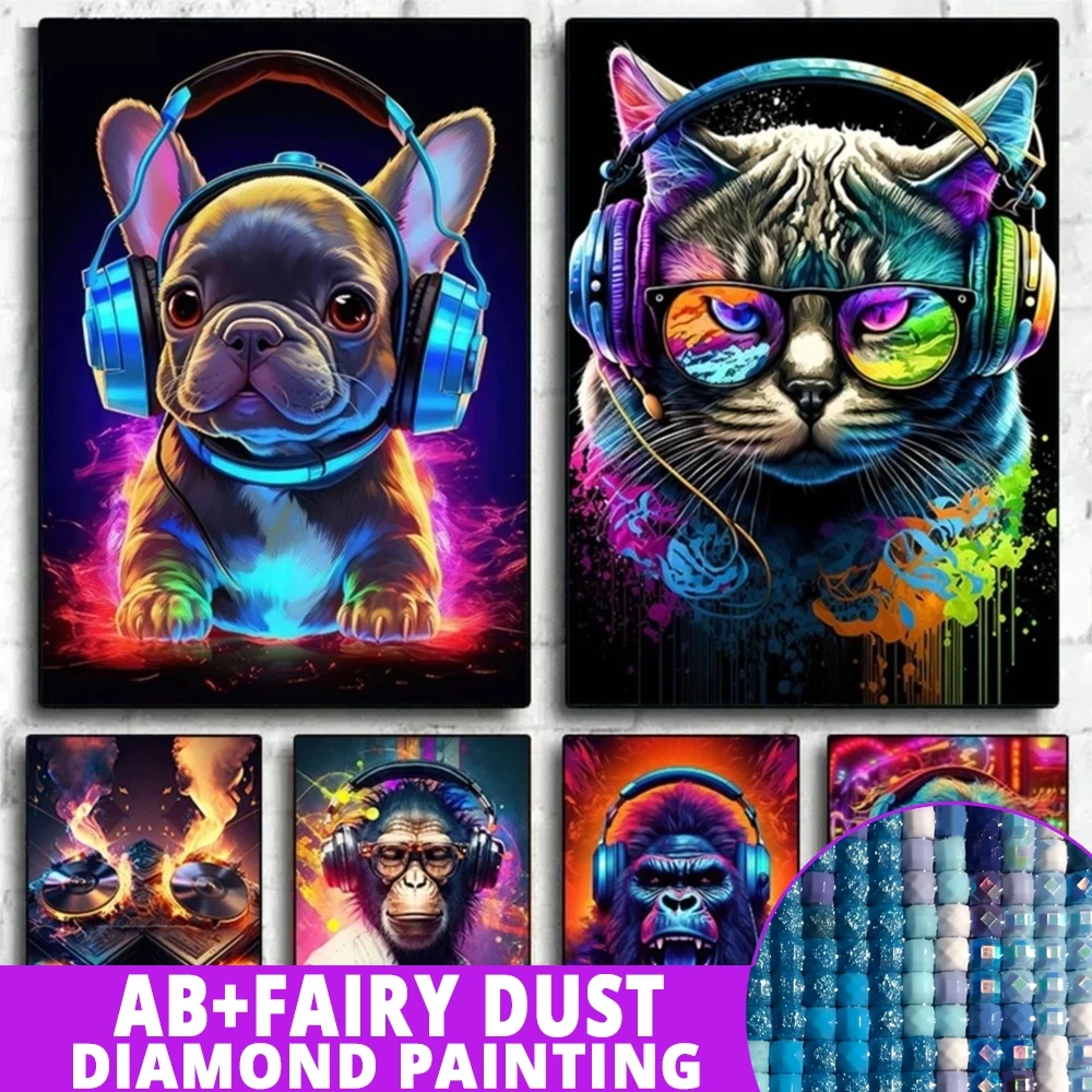 AB Fairy Dust Animal Monkey Cat Dog Headphone Diamond Painting Music Dj DIY Vinyl Record Playing Rhinestone Bar Room Decor