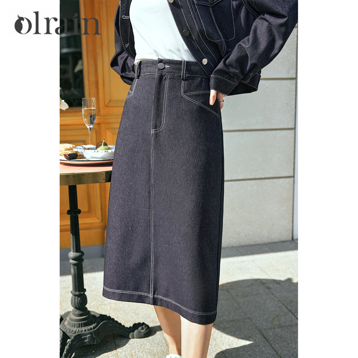 OLrain Women Denim Maxi Skirt Vintage High Waist Winter 2026 Skirt Office Lady Straight Zip Up Female Jean Skirts O24CB90065