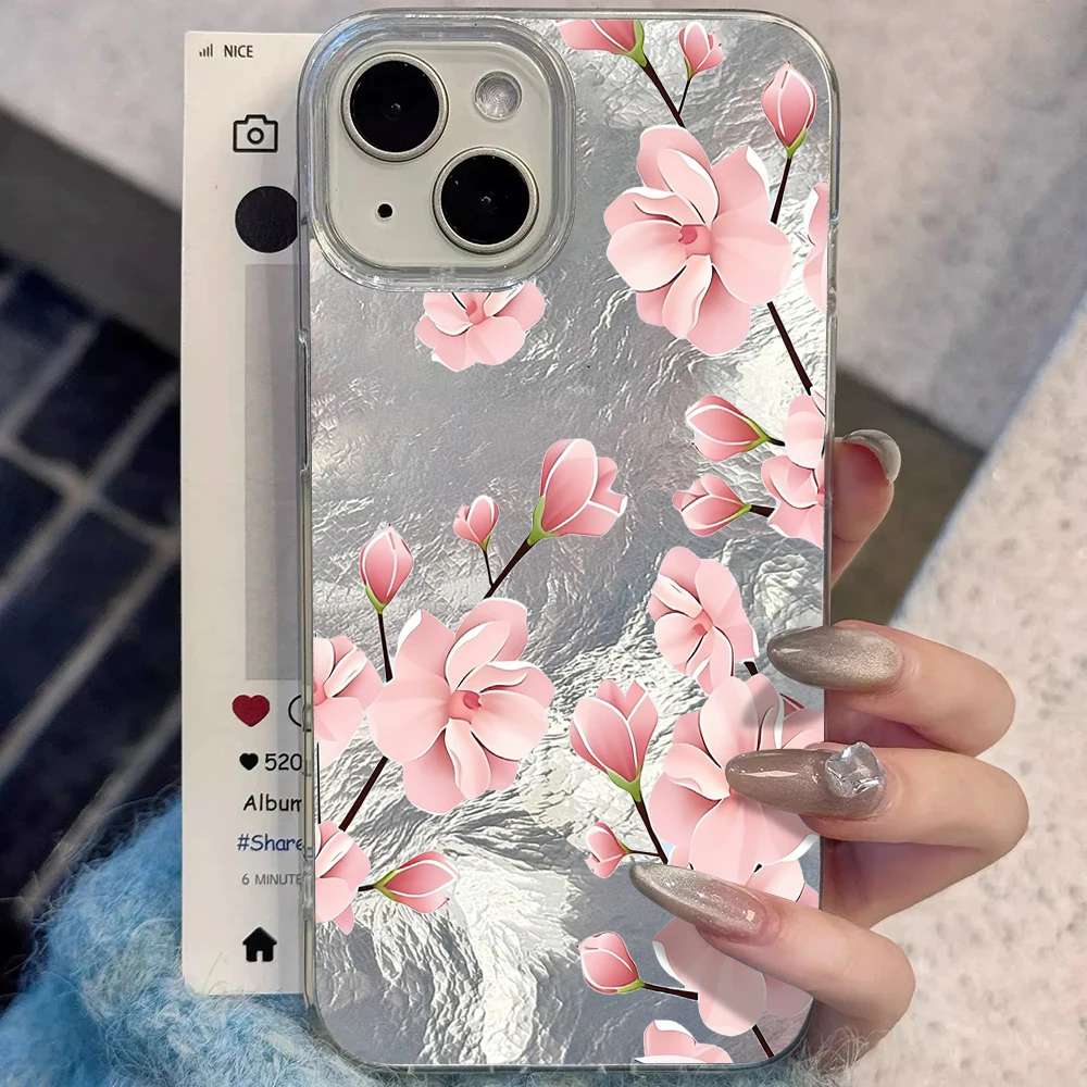 Coque de téléphone antichoc rigide à texture glacier rose magnolia pour iPhone 17 Pro Max 16 14 15 13 Pro Max 12 11 Pro Max 8 Plus X