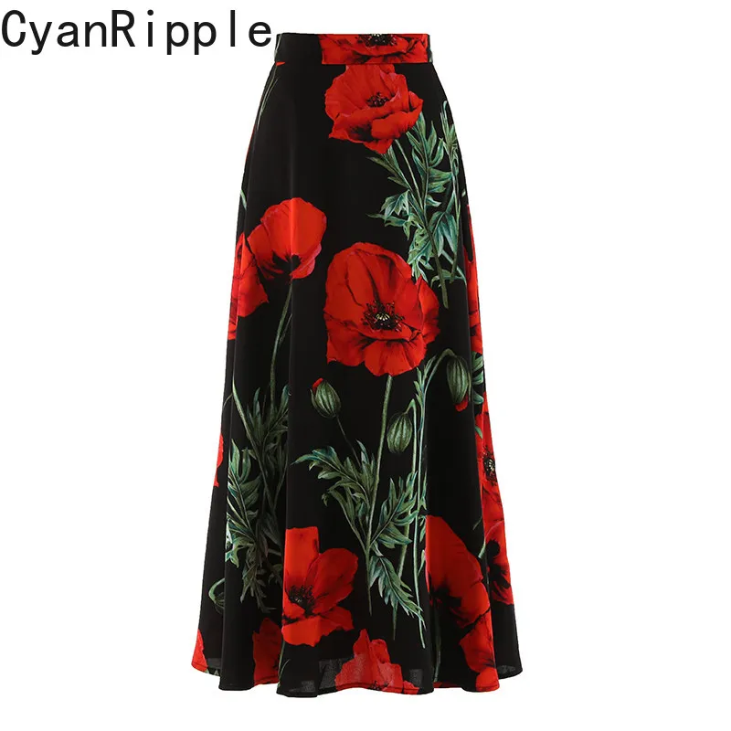 High Quality New Spring Autumn Vintage Printed Women Ultra Long Skirts Elegant High Waist Fashion Lady A-line Pleated Skirt