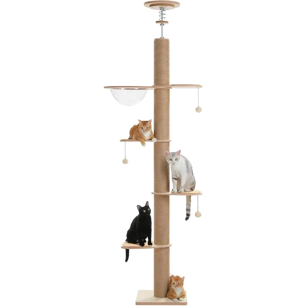 

Floor to Ceiling Cat Tree for Indoor Cats, 5-Tier Adjustable Height (79-103 Inch) Sturdy Wooden Tall Cat Climbing Tower with 4.1
