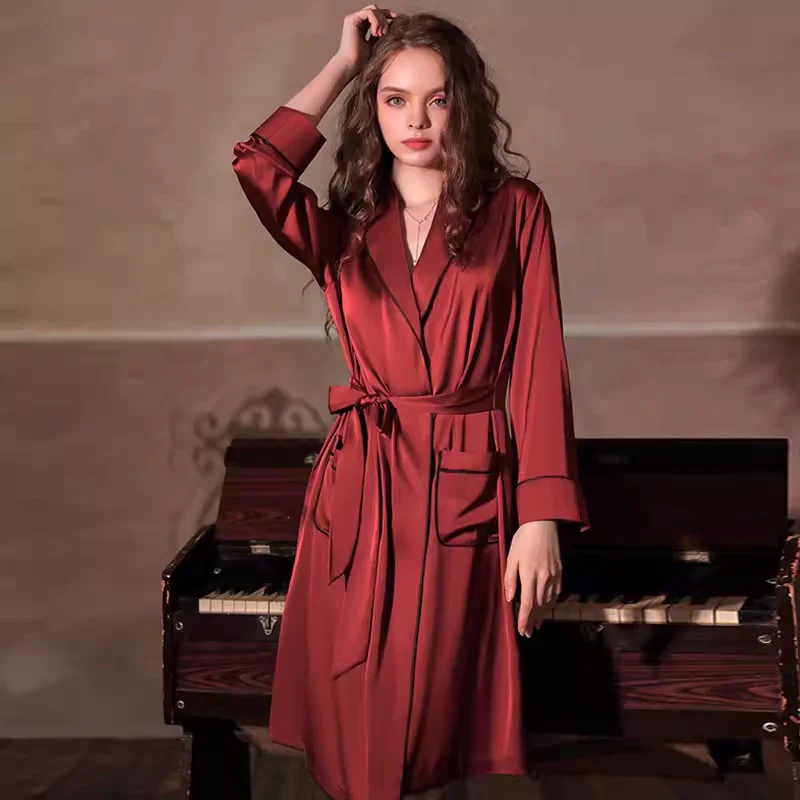 Female Pure Silk Kimono Robe Bathrobe Solid Women Satin Bridesmaid Night Gown Robes Sexy Ladies Fashion Dressing Gown Loungewear