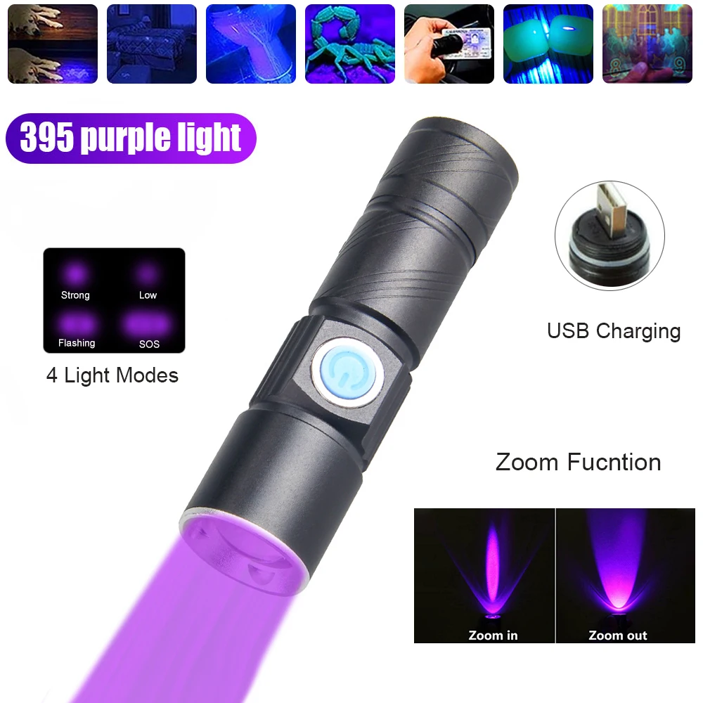 395nm UV Flashlight USB Rechargeable Zoom Blacklight LED Ultraviolet Torch forPet Urine Stains Detector