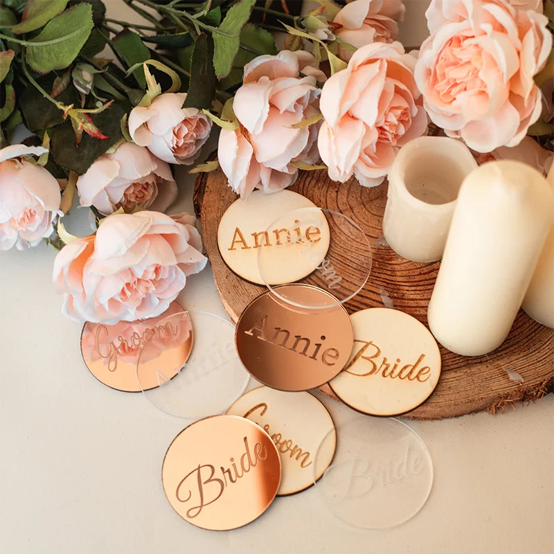 5pc Personalised Circle Wedding Place Card Acrylic Table Coaster Name Tag Guest Seating Unique Wedding Favours Party Table Decor