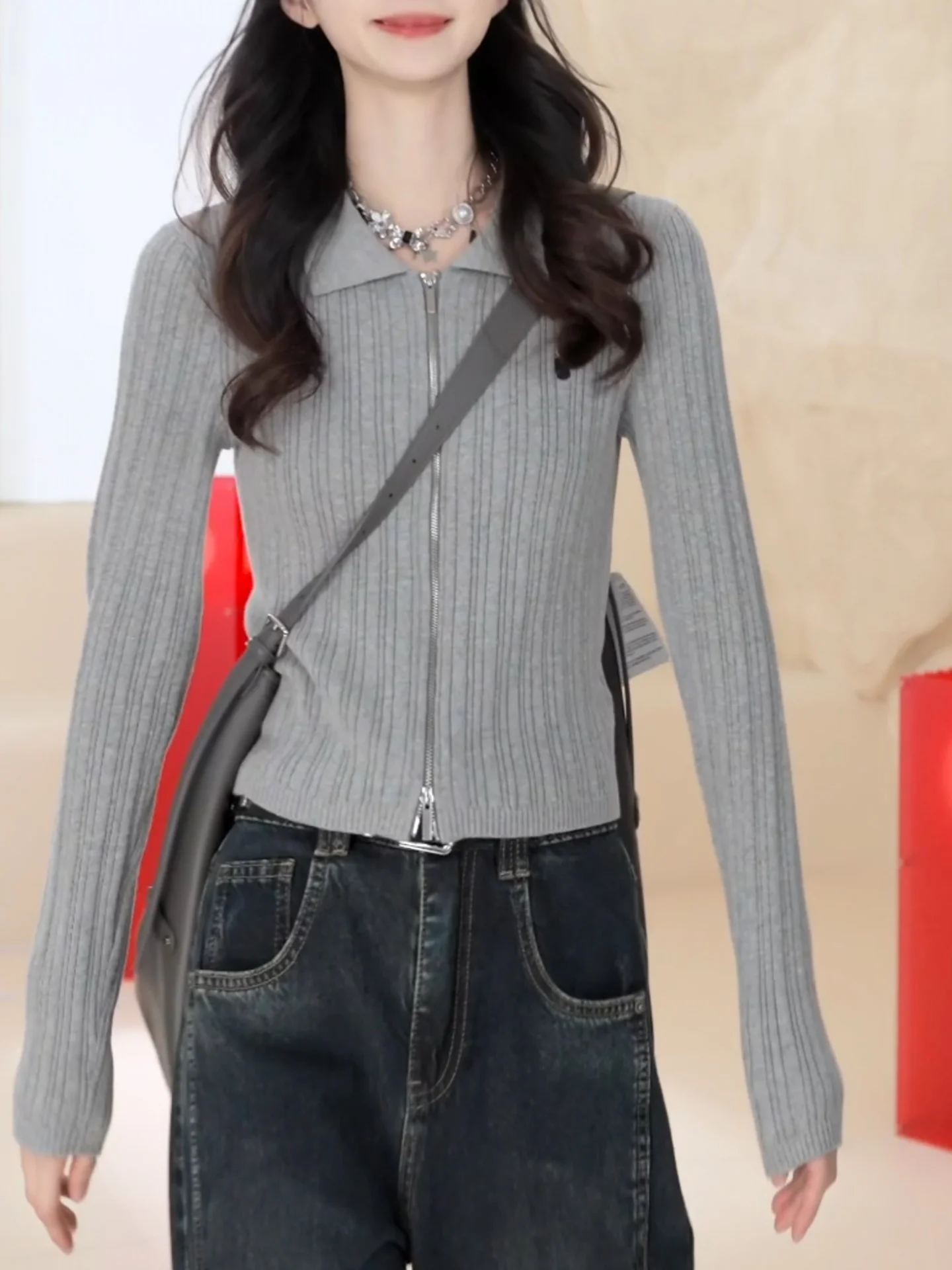 

ay Knitted Zipper Collar Open Cardigan Women's plus Size Casual Sle Autumn Winter New Arrival Slimming Top Quali Fabric