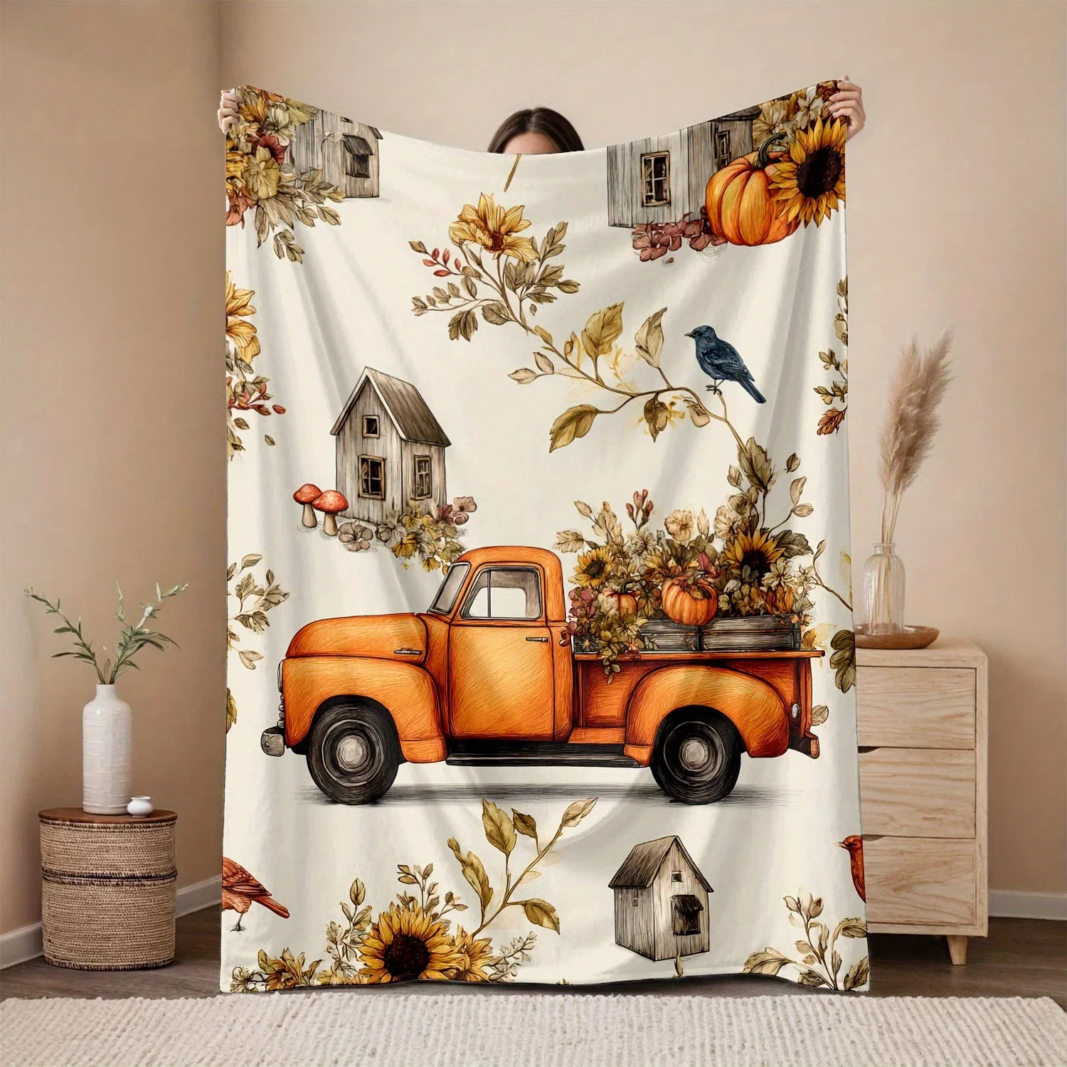 

Autumn Theme Flannel Throw Blanket with Truck Pumpkin Bird House Leaves Sunflower Bluebird Patterns gsm