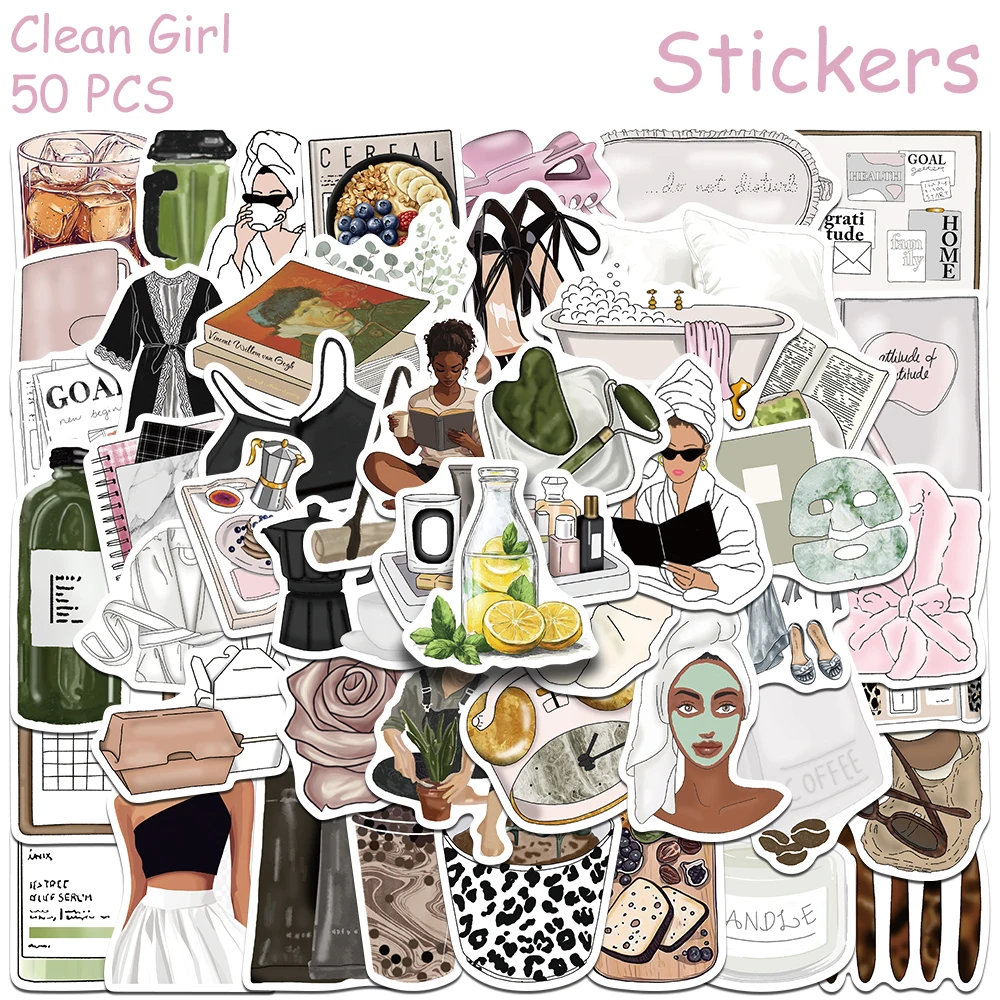 50pcs Clean Girl Stickers Decals For Laptop Scrapbook Luggage Guitar Helmet DIY Graffiti Aesthetic Stickers Creative Gifts