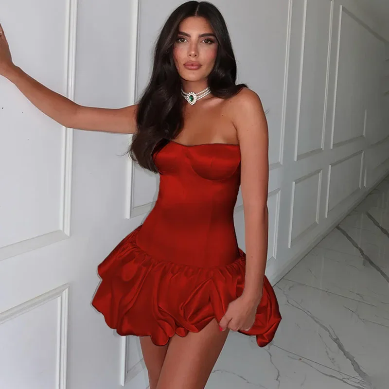 Doyerl elegante vestido de cumpleaños sin tirantes para mujer noche Club fiesta vaina ajustado A-line volantes dobladillo Prom Mini Vestidos